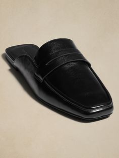 Preppy Mule | Banana Republic Factory Modern Formal Slide Mules, Classic Slide Mules For Spring, Classic Black Slide Mules, Formal Sleek Square Toe Mules, Casual Slip-on Mules With Square Toe, Trendy Leather Mules With Square Toe, Trendy Square Toe Mules For Formal Occasions, Trendy Formal Mules With Square Toe, Sleek Square Toe Mules For Work