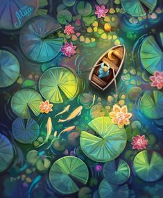 a boat floating on top of a lake filled with water lilies and lily pads