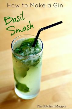 how to make a gin basil smash in a glass on a wooden table with text overlay