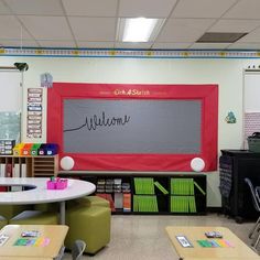 a classroom with tables, chairs and a chalkboard