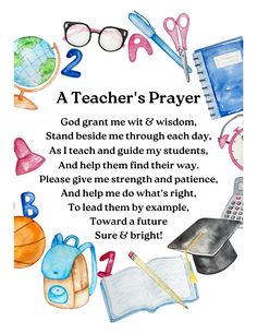 a teacher's prayer with watercolors and school supplies