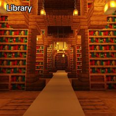 a library filled with lots of books next to a long white aisle covered in lights