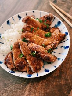 a plate with rice and chicken on it