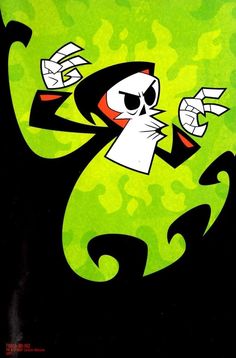 an image of a cartoon character on a green and black background with white letters in the shape of a skull