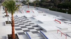 a skate park with ramps and palm trees