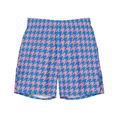 These swim trunks have everything you need for a hot summer day--they're quick-drying and breathable, have multiple pockets for your belongings, and feature a silky, anti-chafe inner liner. Get yours now! * Fabric composition: (may vary by 5%) 91% recycled polyester, 9% spandex * Liner composition: 92% polyester, 8% spandex * Fabric weight (may vary by 5 5.13 oz/yd² (174 g/m²)  * Four-way stretch water-repellent microfiber fabric * Anti-chafe mesh inner liner * Elastic waistband with drawcord * Mesh pockets * Small inside pocket for valuables * UPF 50+ This product is made especially for you as soon as you place an order, which is why it takes us a bit longer to deliver it to you. Making products on demand instead of in bulk helps reduce overproduction, so thank you for making thoughtful p Spring Swim Trunks With Pockets, Stretch Swimming Shorts With Pockets, Pink Nylon Athletic Shorts For Summer, Stretchable Beachwear Swimwear With Pockets, Stretch Swimwear With Pockets For Poolside, Pink Swim Trunks For Sports In Summer, Casual Houndstooth Bottoms For Summer, Casual Houndstooth Pattern Bottoms For Summer, Pink Swim Trunks For Summer