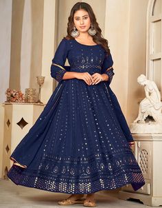 chic blue georgette heavy designer wedding wear salwar suit with blue crepe 13689-acy4260 Front View Latest Designer Suits, Designer Suits For Women, Western Gown, Designer Embroidery, Latest Salwar Kameez, Long Kaftan, Silk Bottoms, Salwar Kameez Designs, Silk Lehenga