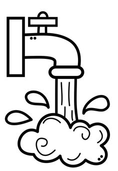 a black and white drawing of a faucet with water coming out of it