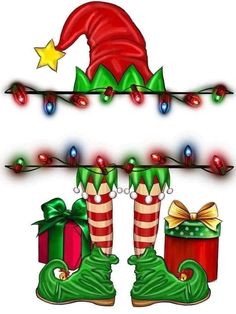 a drawing of christmas boots and presents under a garland with lights, stars and candy canes