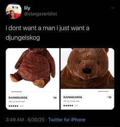 two pictures of stuffed animals on twitter with caption that reads, i don't want a man i just want a dunggellskog