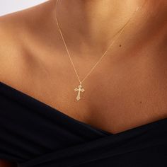 "1- P R O D U C T ∙ D E S C R I P T I O N This 14k gold cross necklace is a beautiful and timeless piece of jewelry, perfect for everyday wear or special occasions. The 14k gold material offers a stunning shine and durability, ensuring that this necklace will last for years to come. The cross design adds a touch of elegance and spirituality, making it a thoughtful gift for anyone who values faith. 2- P R O D U C T ∙ D E T A I L S Diamond quality: * Diamond carat: 0.06 ct. * Clarity: SI2 * Color: Fine Yellow Gold Cross Pendant Necklace, Fine Jewelry Yellow Gold Cross Necklace, Fine Jewelry Yellow Gold Cross Pendant Necklace, Dainty Yellow Gold Crucifix Necklace, Dainty Yellow Gold Crucifix Cross Necklace, 14k Yellow Gold Cross Necklace, 14k Gold Crucifix Necklace Fine Jewelry, Fine Jewelry Cross Necklace For Anniversary, Fine Jewelry Necklace With Diamond Cut Cross Pendant