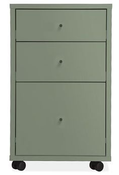 a green cabinet with three drawers and two black wheels on the bottom, in front of a white background