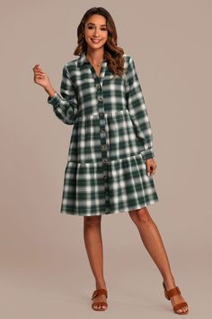 Green Plaid Long Sleeve Collared Midi Dress Spring Long Sleeve Cotton Plaid Dress, Spring Long Sleeve Plaid Cotton Dress, Spring Cotton Plaid Long Sleeve Dress, Long Sleeve Shirt Dress With Placket For Fall, Casual Long Sleeve Plaid Dress For Fall, Long Sleeve Cotton Plaid Dress For Fall, Long Sleeve Plaid Cotton Dress For Fall, Collared Gingham Dresses, Plaid Long Sleeve Shirt Dress For Spring