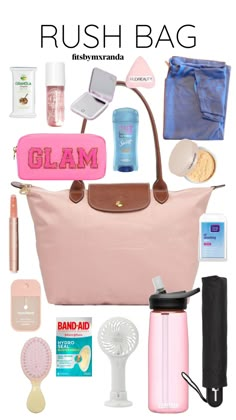 RUSH BAG ESSENTIALS #outfitinspo #rush #sorority #sororityrush #bamarush #rushbag #essentials #beauty Sorority Rush Week Outfits, Rush Bag, Rush Week Outfits, Rush Sorority