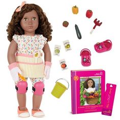 the doll is wearing an apron and boots with her accessories including shoes, umbrellas, water bottle, book and other items