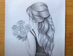 a drawing of a girl holding roses in her hand