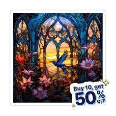 an image of a stained glass window with the words buy 10 get 50 % off