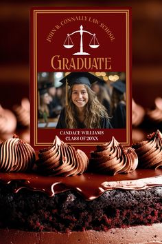 a cake with chocolate frosting and a photo of a graduate on top is shown