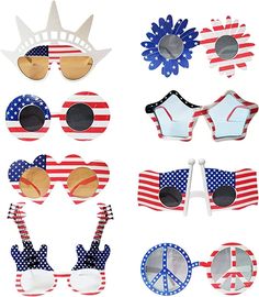 various patriotic sunglasses with the american flag and sun glasses on them, all in different colors