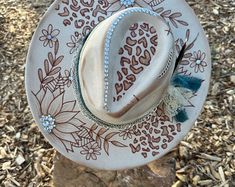 CUSTOM HAND BURNED Wide Brim Hat Branded Hat Flowers and Leaves Burned Hat Western Hat Cow Print - Etsy Burnt Hat, Burnt Hats, Burned Hats, Hat Burning, Custom Brand Design, Hat Western, Handmade Hats, Felt Hats, Hand Burn