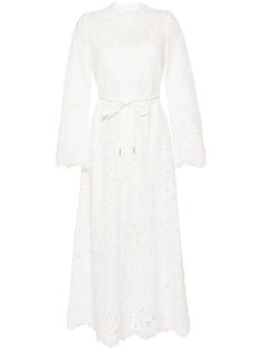 ivory white cotton broderie anglaise high neck shoulder zip fastening long sleeves belted waist A-line skirt scallop hem detachable slip dress Romantic Aesthetic, White Long Sleeve Dress, Fashion Institute, Scallop Hem, Black Tank Dress, Summer Swim, White Midi Dress, Scalloped Hem, Ruched Dress