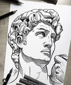 a drawing of a man's head with curly hair and roses in his hair