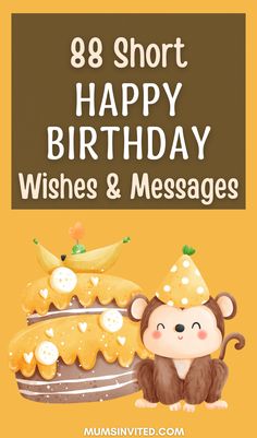 a happy birthday card with a monkey holding a cake and bananas on the top, in front of an orange background