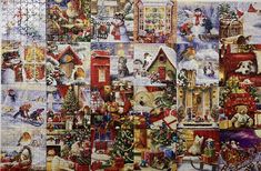 a large piece of puzzle with many different pictures on it's side, including christmas decorations