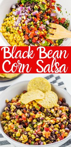 black bean corn salsa in a white bowl with tortilla chips on the side