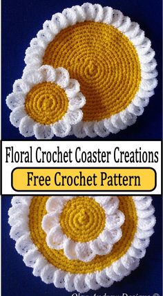 two crocheted coasters with white and yellow circles