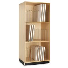 a bookshelf filled with files and folders on top of each other in front of a white background