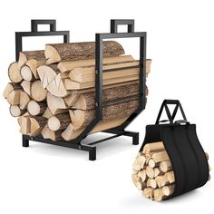 a stack of logs sitting on top of a metal rack next to a black bag