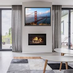 a living room with a fire place in it