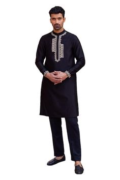 Black kurta with dori and marodi embroidery. Paired with a pant. - Aza Fashions Marodi Embroidery, Marodi Work, Isha Gupta, Dori Work, Black Kurta, Kurta For Men, Black Pure, Pants Pattern, Embroidered Silk