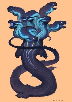 a drawing of a blue and black dragon with its tail curled around it's neck