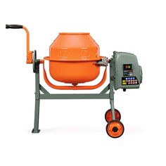 an orange cement mixer sitting on top of a cart