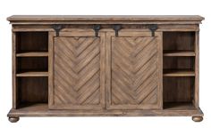 the sideboard has two open doors and three shelves on each side, with metal handles