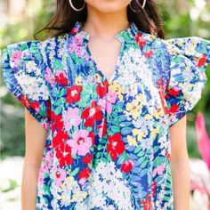 Nwt Entro | Colorful Boutique Boho Ruffle Sleeve Blouse Top, Small Questions? Leave A Comment Below! Multicolor Floral Print Top With Flutter Sleeves, Multicolor Floral Print Flutter Sleeve Tops, Multicolor Floral Print Tops With Flutter Sleeves, Casual Multicolor Blouse For Garden Party, Printed Blouse For Garden Party, Summer Multicolor Print Ruffled Tops, Multicolor Flutter Sleeve Top For Brunch, Multicolor Flutter Sleeve Blouse With Ruffles, Blue Flutter Sleeve Tops With Floral Print