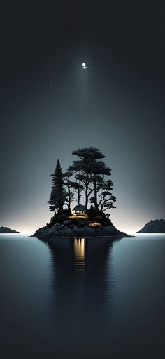 an island in the middle of water with trees on it and a moon shining above