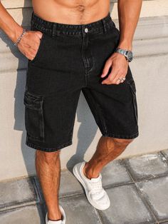 Men's Loose Fit Denim Cargo Shorts With Multiple Pockets, Summer Denim Shorts Going Out Jorts Plain Black Denim Shorts, For Husband, Boyfriend Gifts Black    Denim Plain Bermuda Non-Stretch  Men Clothing, size features are:Bust: ,Length: ,Sleeve Length: Mens Going Out Shorts, Black Jeans Shorts, Summer Jean Shorts, Denim Cargo Shorts, Mens Denim Shorts, Summer Shorts Denim, Denim Cargo, Black Jean Shorts, Jeans Cargo