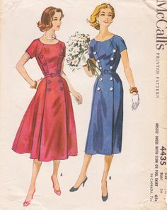 This vintage McCall's sewing pattern was designed in 1958. It makes a shirtwaist dress with double breasted button trim and a slim or full skirt. Size 16: Bust 34   ---   Waist 26   ---   Hip 36. The pattern is unused and still in factory folds. The instructions are included. The envelope is in poor condition and will arrive in an archival sleeve. To see more vintage dress patterns: https://www.etsy.com/shop/studioGpatterns?section_id=6940891 To visit my shop: https://www.etsy.com/shop/studioGpatterns Vintage Dress Sewing Patterns 1950s, Dapper Day Outfits, Vintage Dress Sewing Patterns, Disney Dapper Day, 1950s Sewing Patterns, Robes Vintage, Vintage Dress Patterns, Dapper Day, Shirtwaist Dress