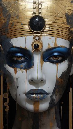 an egyptian woman's face with gold and blue makeup