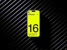 an iphone with the number 16 on it is shown in black and neon yellow colors