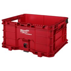 a large red plastic crate on a white background