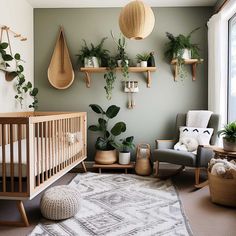 a baby's room decorated in neutral tones and greenery