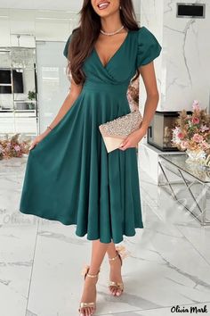 Olivia Mark - Beautiful Wedding Guest Dress with Flared Skirt and Neckline Puff Sleeve Midi Dress, Fitted Midi Dress, Mini Robes, Weave Style, Sleeve Midi Dress, Color Shorts, Everyday Dresses, Komplette Outfits, Basic Style