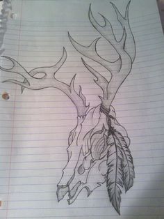 a drawing of a deer's head with feathers on it