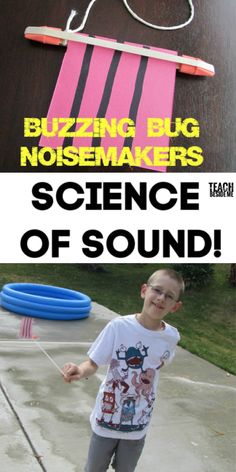 a kid standing in front of a piece of paper with the words science of sound on it