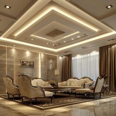 a living room with couches, chairs and lamps on the ceiling is lit by recessed lights