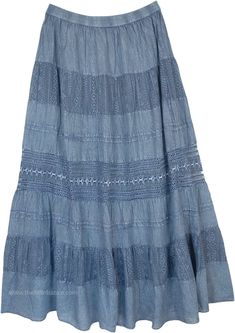 Bohemian Tiered Skirt With Crochet Trim, Bohemian Flowy Skirt With Crochet Trim, Summer Blue Washed Skirt, Bohemian Blue Tiered Bottoms, Blue Bohemian Tiered Bottoms, Casual Tiered Bottoms With Lace Trim, Bohemian Long Denim Blue Skirt, Denim Blue Long Bohemian Skirt, Bohemian Denim Blue Skirt